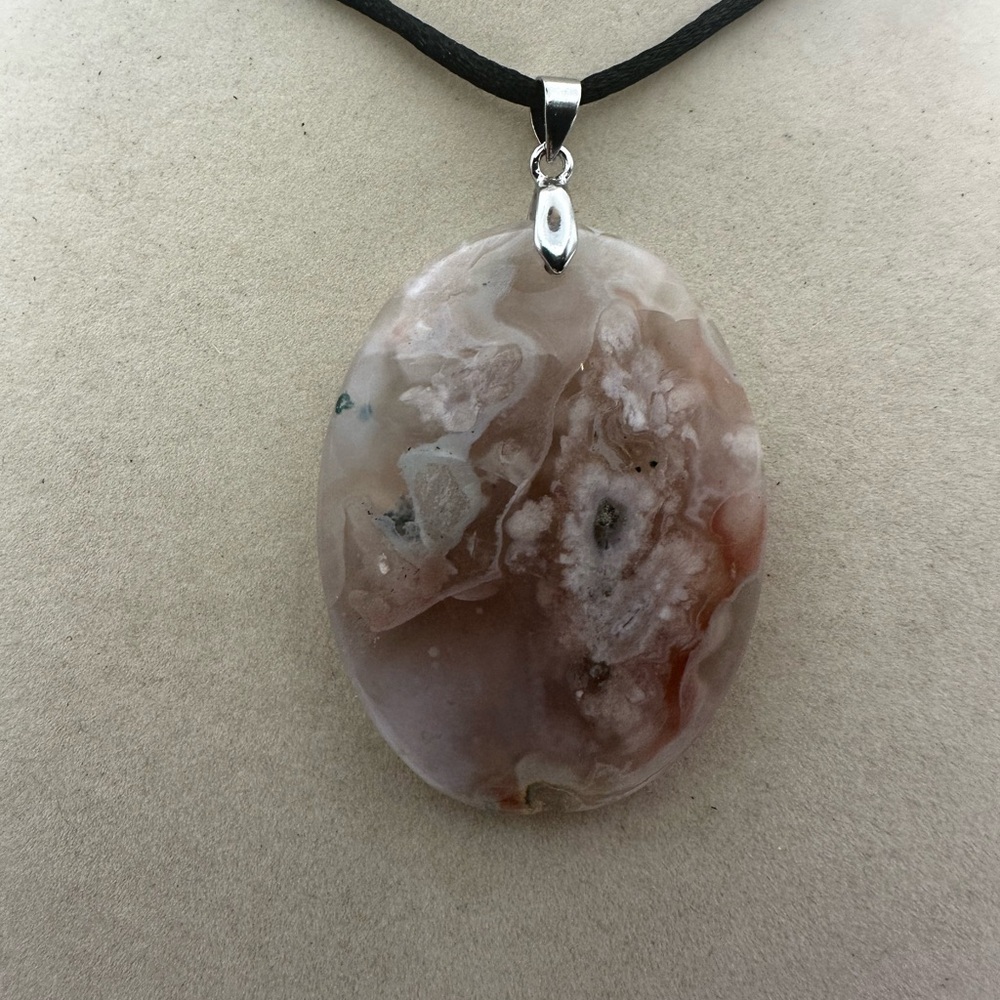 Oval Flower Agate Pendant on Satin Rope - Picture 2 of 11